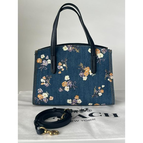 Coach Charlie Denim Double Handle Tote Shoulder Bag With Blue Floral Print - Picture 2 of 10